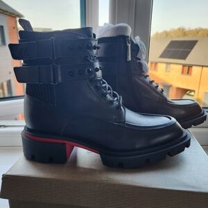 Men's Black Leather Combat Boots with Red Accent
